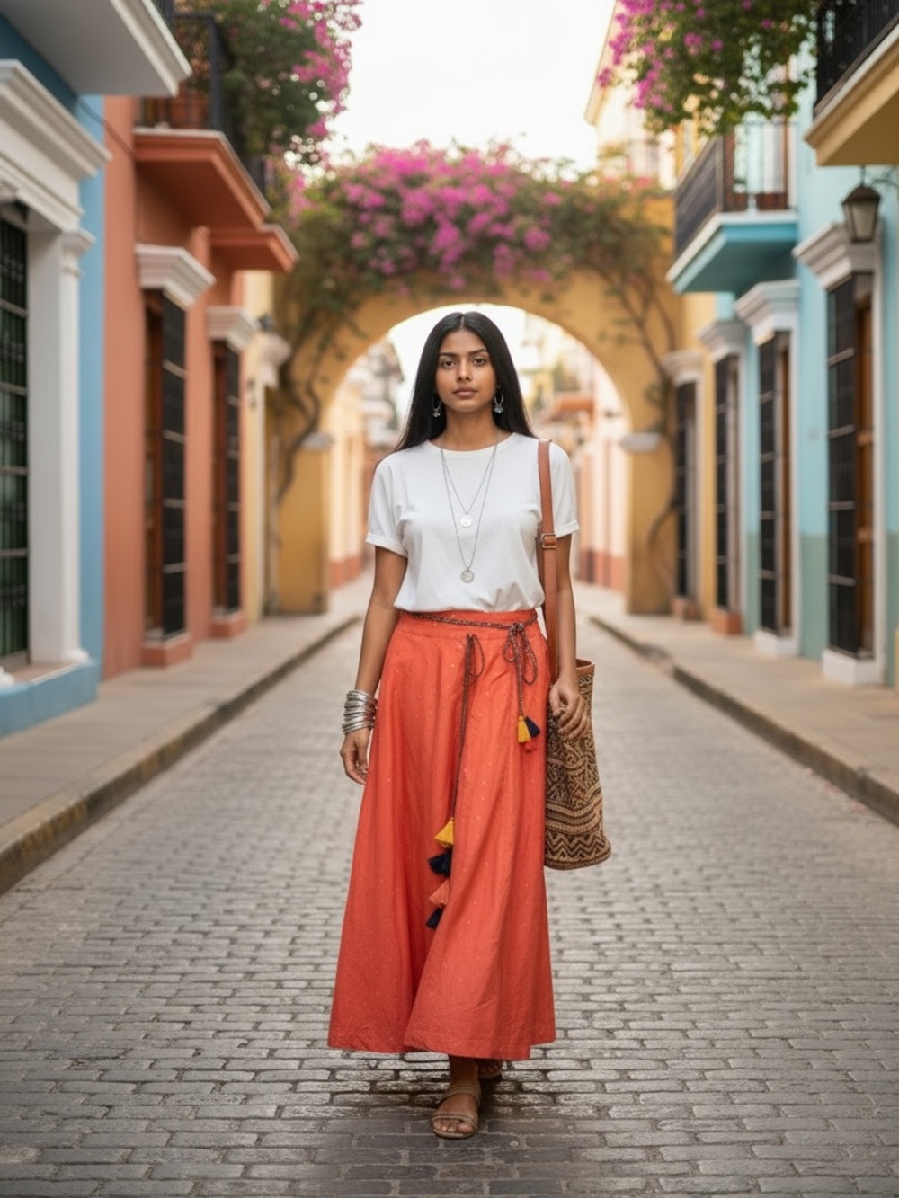 Coral Maxi Skirt with Tassel Drawstring and Gold Accents